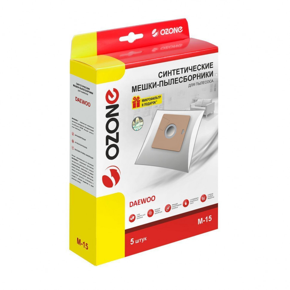 Мешки-пылесборники для пылесосов Daewoo синтетические, 5 шт + микрофильтр, Ozone, M-15NZ